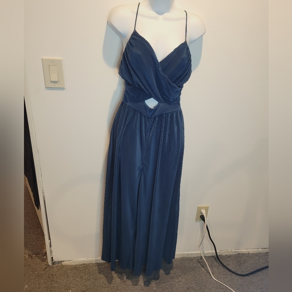 Astr size s blue micro pleated wide leg jumpsuit adjustable straps